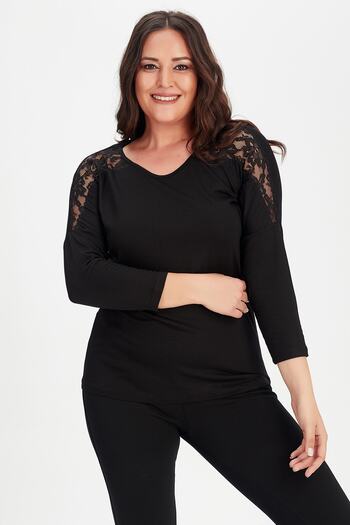 Moda Cazibe Women's Black Plus Size Robe Lace Detailed Long Sleeve Blouse