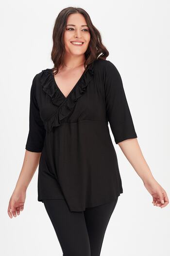 Moda Cazibe Women's Black Plus Size Double-breasted Ruffle Collar Three-quarter Sleeve Blouse