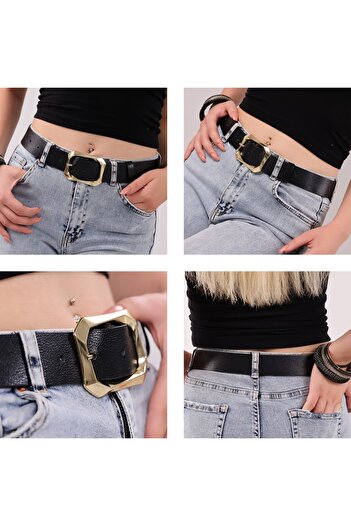 GoDeri Kadın Moda Gold Renk Tokalı, Tek Parça Yumuşak Hakiki Deri Siyah Kemer, 3.8 Cm, Ihraç Ürün=amz-08
