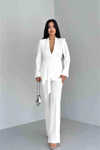Bella Breeze Women's Tie-Up Faux Pocket Belted Shawl Collar Blazer Jacket Pipe Leg Flexible Pants Suit