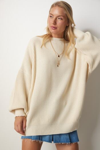 Happiness İstanbul Női krém Oversize Basic kötöttáru pulóver mx00126
