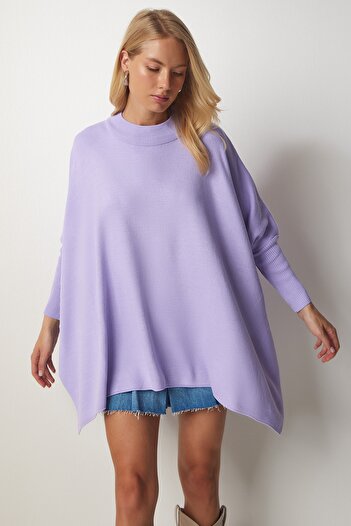 Happiness İstanbul Hanorac poncho supradimensionat cu fantă laterală violet pentru femei YY00005
