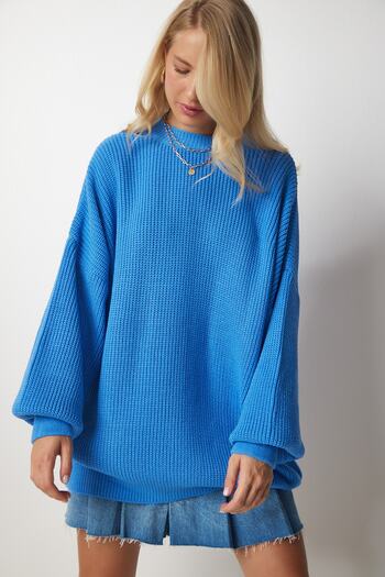 Happiness İstanbul Kadın Gök Mavi Oversize Basic Triko Kazak mx00126