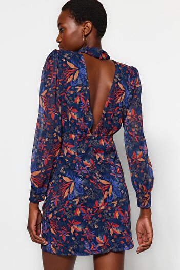Trendyol Collection Modré šaty s vysokým límcem Boho Woven na zimu TWOAW23EL01482