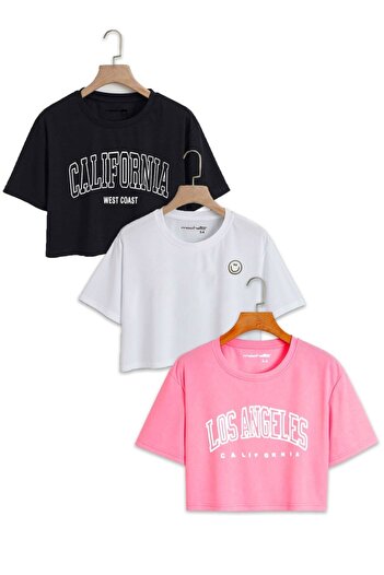 Machetta Girl's 3-Piece Pink - Black and White Printed Crop Blouse