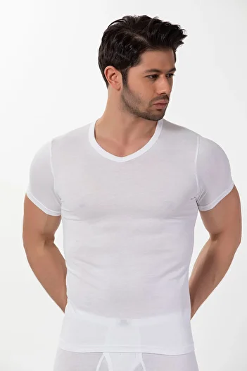 Siyah İnci Cotton Rib V-Neck Short Sleeve T-Shirt