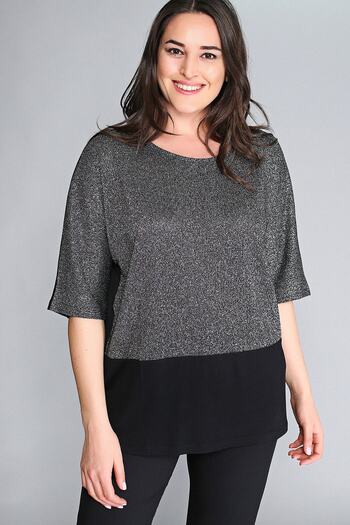 Moda Cazibe بلوزة نسائية فضية نصف كم بريق أسود M9320
