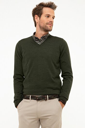 Pierre Cardin Men's Green Slim Fit V Neck Basic Knitwear Sweatshirt