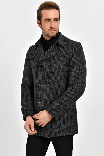 DYNAMO Men's Anthracite Wool Blended Patterned Stamp Double Breasted Buttoned