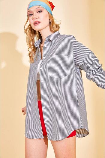 NARKISS Striped Oversize Black Seersucker Shirt