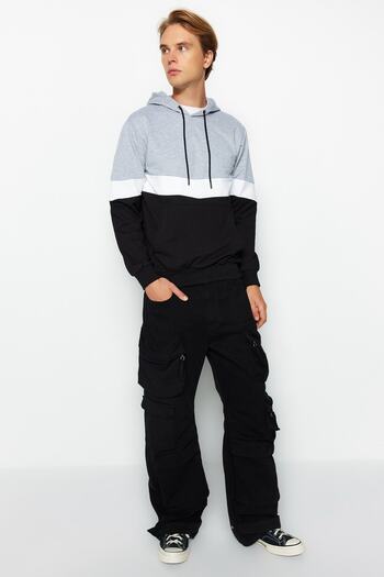 Trendyol Collection Gray Slim/Fit Hooded Kangaroo Pocket Color Block Thick Sweatshirt Tmnaw20Sw0208
