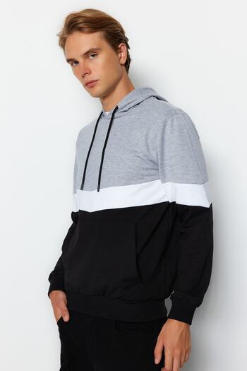 Trendyol Collection Gray Slim/Fit Hooded Kangaroo Pocket Color Block Thick Sweatshirt Tmnaw20Sw0208