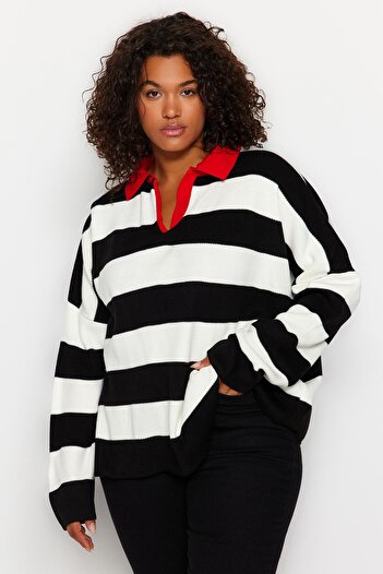 Trendyol Curve Red Polo Neck Striped Knitwear Sweater TBBAW23AN00045
