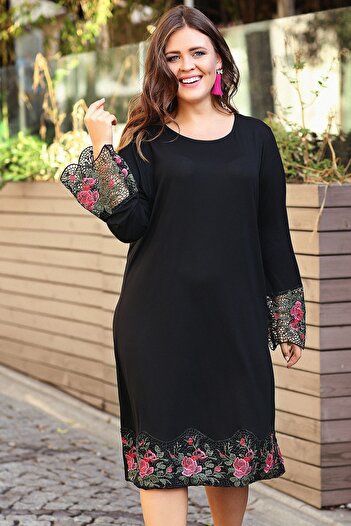 Moda Cazibe Women's Black Floral Laced Dress M9247