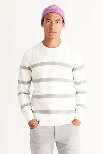 ALTINYILDIZ CLASSICS Men's Ecru-Grey Standard Fit Regular Cut Crew Neck 100% Cotton Knitwear Sweater