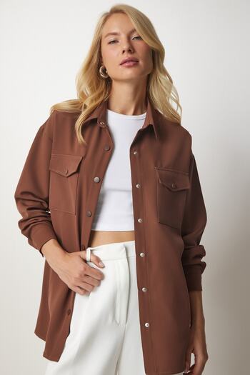 Happiness İstanbul Women's Brown Oversize Shirt Jacket with Pocket Detail DD01250