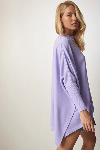 Happiness İstanbul Hanorac poncho supradimensionat cu fantă laterală violet pentru femei YY00005