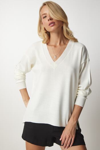 Happiness İstanbul Dámský oversize pletený svetr Bone s výstřihem do V BV00082
