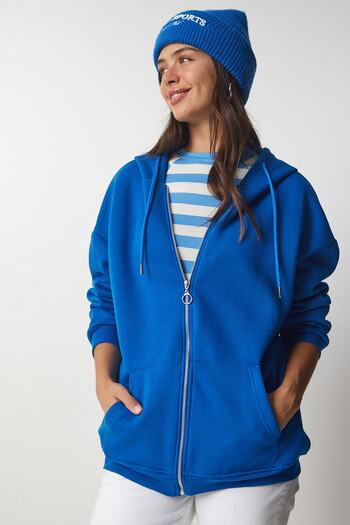 Happiness İstanbul Dámská modrá oversize mikina na zip s kapucí UB00124