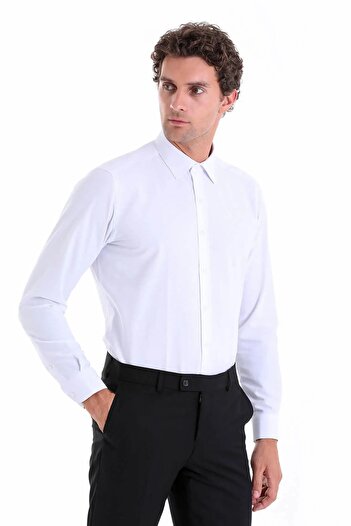 Hatemoğlu Λευκό Slim Fit Απλό βαμβακερό μακρυμάνικο πουκάμισο με λεπτή λαιμόκοψη