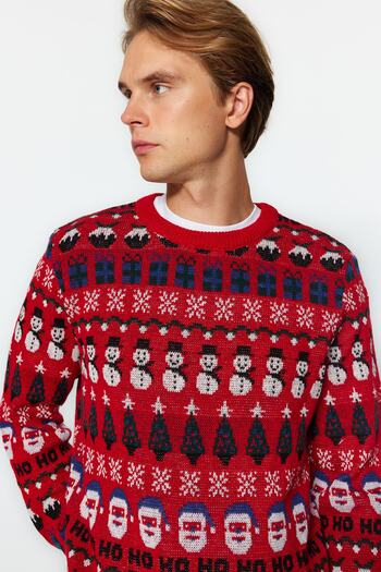 Trendyol Collection Red Regular Fit Crew Neck Jacquard Christmas Knitwear Sweater TMNAW23KZ00226