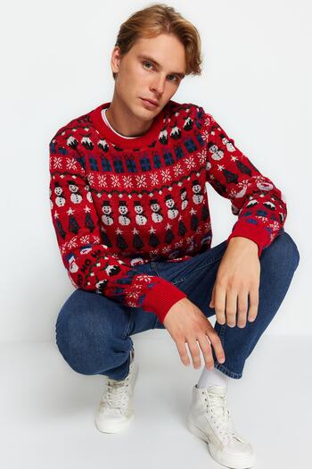 Trendyol Collection Red Regular Fit Crew Neck Jacquard Christmas Knitwear Sweater TMNAW23KZ00226