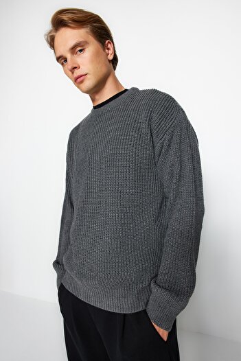 Trendyol Collection Crew Neck Anthracite Oversize Knitwear Sweater - TMNAW23KZ00189