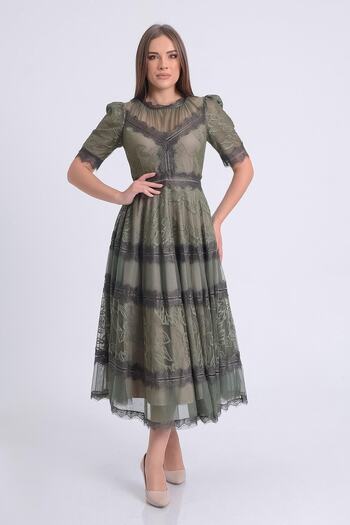 SpringStore Khaki Short Sleeve Lace Evening Dress