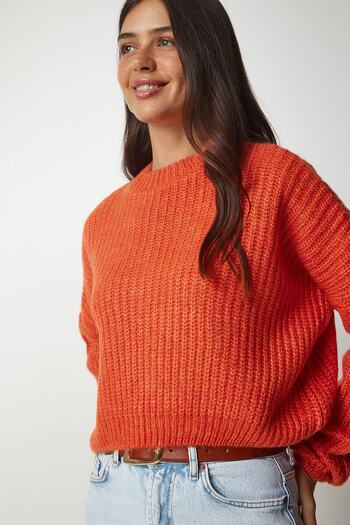Happiness İstanbul Damska bluza z dzianiny basic z rękawami balonowymi, pomarańczowa BV00098