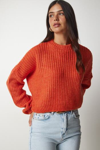 Happiness İstanbul Damska bluza z dzianiny basic z rękawami balonowymi, pomarańczowa BV00098