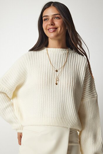 Happiness İstanbul Women's Bone Balloon Sleeve Basic Knitwear Sweatshirt BV00098