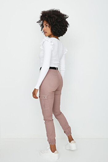 Select Moda Kadın Pembe Kemerli Kargo Cepli Paçası Lastikli Pantolon