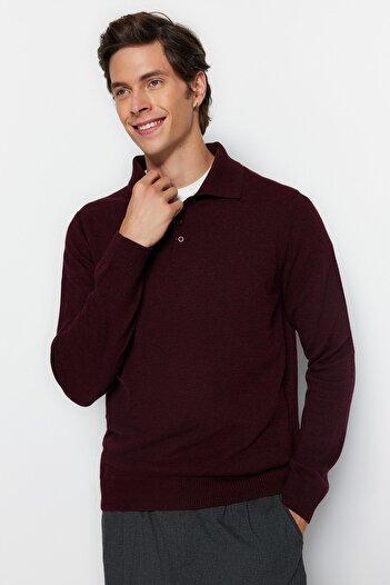 Trendyol Collection Polo Neck Claret Red Slim Fit Knitwear Sweater - Wool, Buttoned - Tmnaw23Kz00238