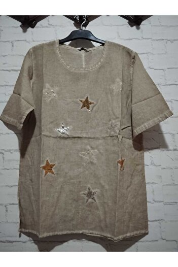 anne moda ankara sparkling star pattern, short sleeve, wide collar, fully stoned washed cotton, stylish localization