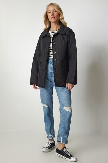 Happiness İstanbul Women's Black Shirt Collar Seasonal Quilted Jacket RV00133