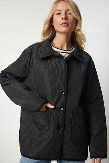 Happiness İstanbul Women's Black Shirt Collar Seasonal Quilted Jacket RV00133