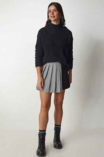 Happiness İstanbul Pulover negru din tricot cu barbă pentru damă MX00131