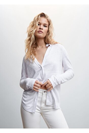 MANGO Woman V-Neck Linen Shirt