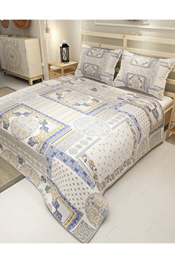 MonoHome Pike Takımı Pamuklu Çift Kişilik Jakar Dokuma Yatak Örtüsü Blue Patchwork