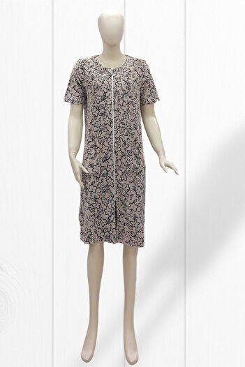 MY STAR HOME Beige & Anthracite Polka Dot Towel Dress Cotton Short Sleeve Zippered Home Beach Bathroom Sauna Sea Clothing