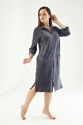 Nuşa Anthracite Collar Embroidered Zippered Bamboo Cotton Niki Velvet Dressing Gown