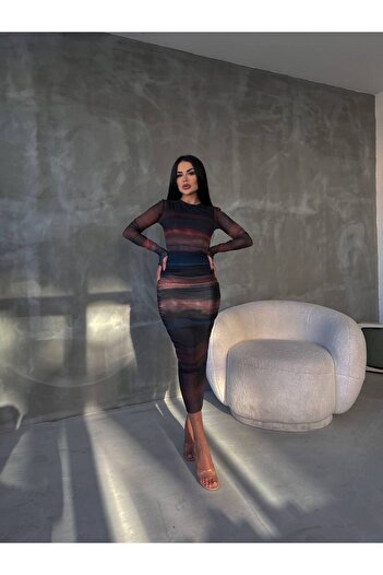 bymaestro woman Rochie de damă cu mânecă lungă, lungime midi, drapeată din tul bleumarin