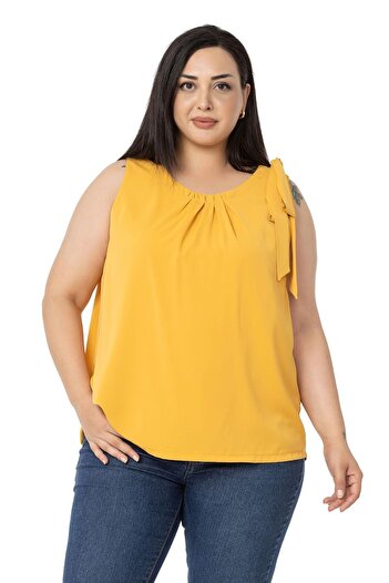 DISENTIS MODEST Plus Size Sleeveless Mustard Blouse with Pleated Collar and Ribbon Detail on the Shoulder