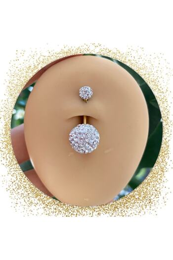 Arescollection cerrahi çelik gold barlı şambala zirkon taşlı göbek piercingi