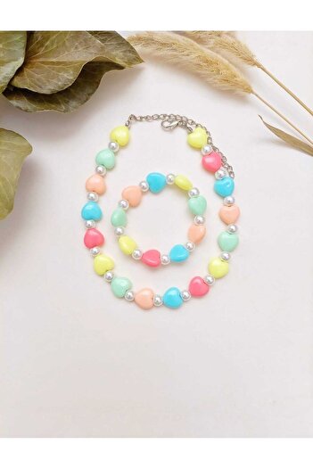 REN AKSESUAR Girl's Heart Pearl Necklace Bracelet Set