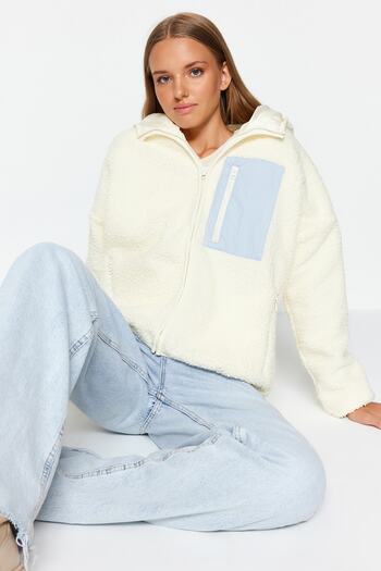 Trendyol Collection Oversize Ecru Plush Coat - Hooded and Pocket Detailed Twoaw24Mo00200
