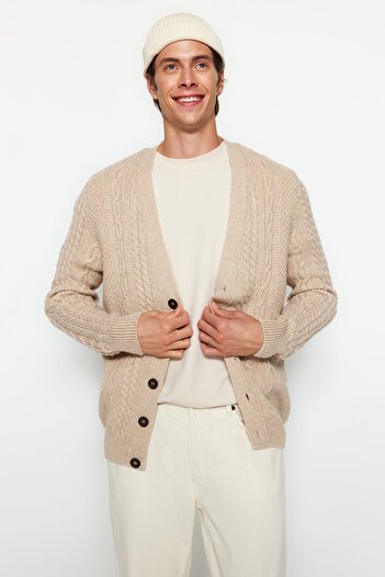 Trendyol Collection Beige Unisex Fit Woolen Hair Knit Sweater Cardigan Tmnaw22Hi0138