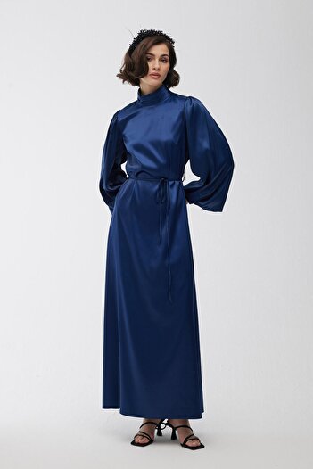 Manuka BALLOON SLEEVE SATIN EVENING DRESS NAVY BLUE