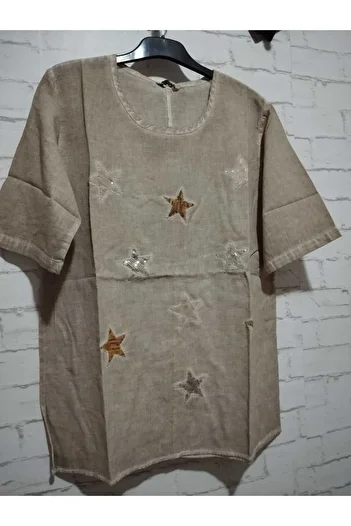 anne moda ankara sparkling star pattern, short sleeve, wide collar, fully stoned washed cotton, stylish localization