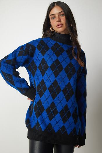 Happiness İstanbul Kadın Mavi Baklava Desenli Oversize Triko Kazak YY00162
